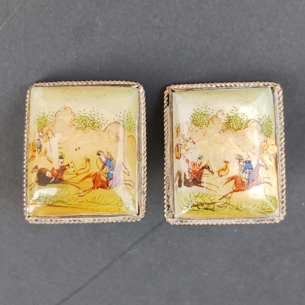Persian Storyteller Earrings Handpainted Mother-of-Pearl Clip-on Vintage Square